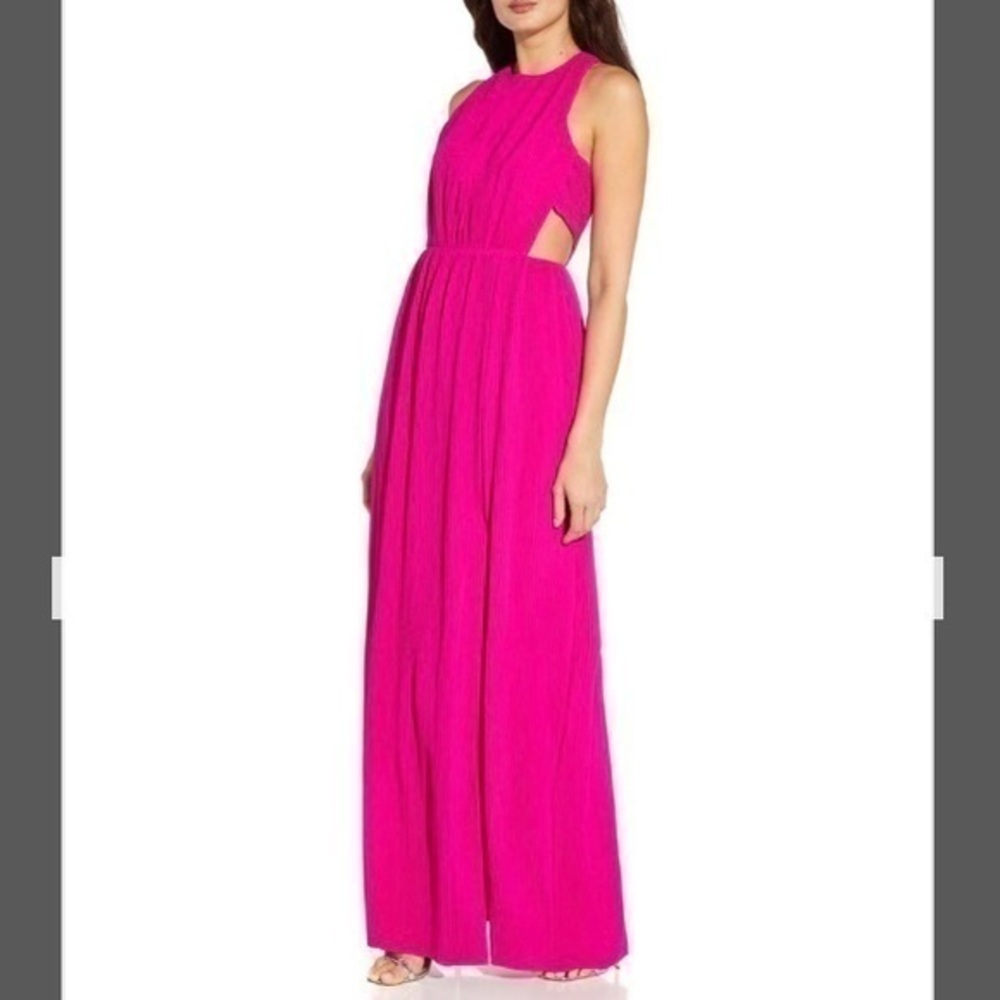 Aidan by Aidan Mattox Cutout Halter Pleated Gown in Pink Flame - Picture 1 of 9